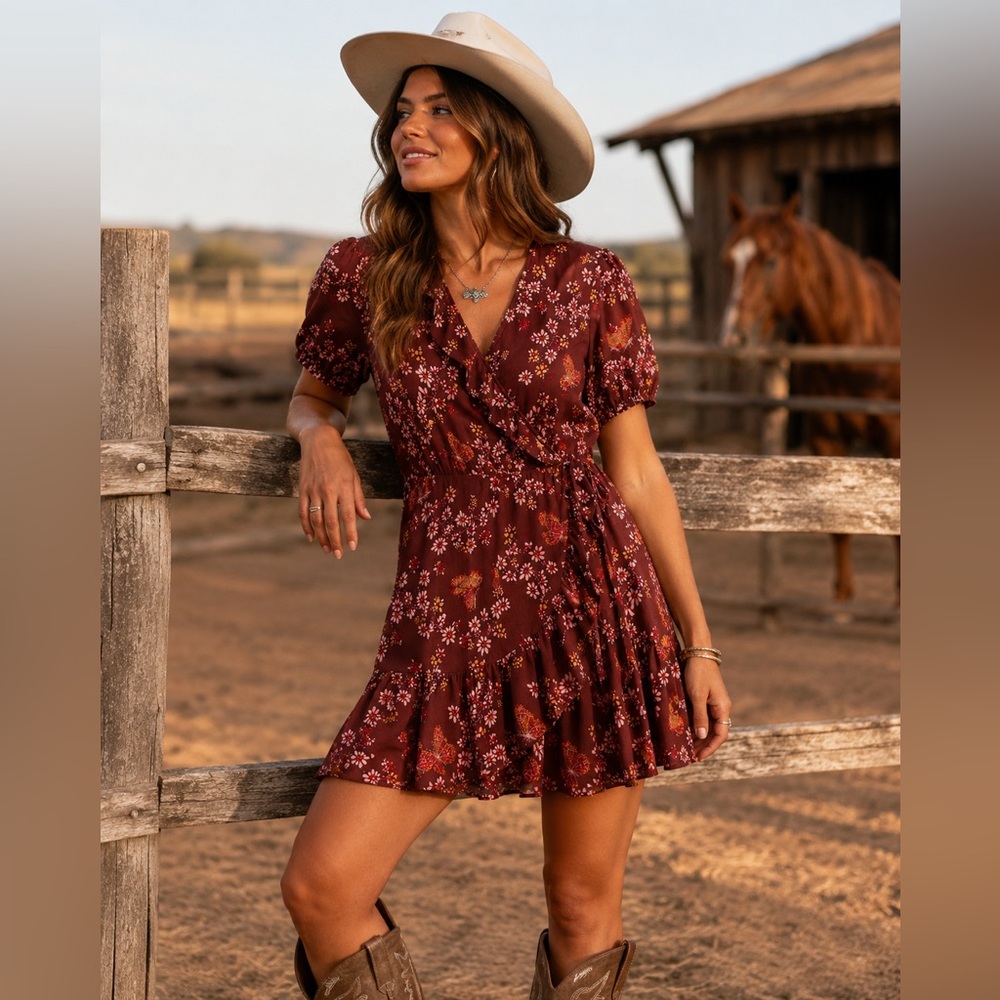 Madewell Windowbox Floral Ruffle Wrap Dress Burgundy Butterfly Mini Size 0